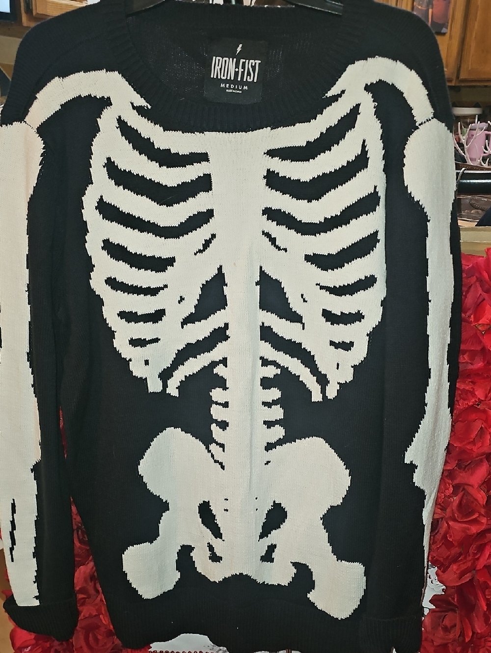 Iron Fist Black Long Sweater with White Skeleton Motif Size Medium